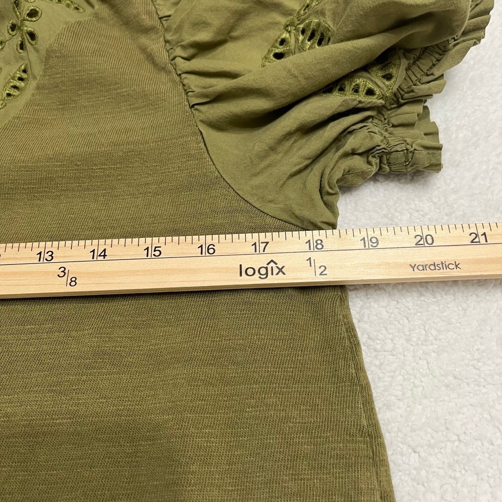 Loft Women's Blouse Sz Small Army Green Eyelet Puff Sleeves Cottage Core - Picture 3 of 6